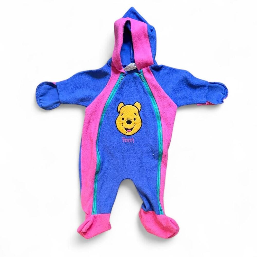 Vintage Disney Winnie the Pooh Baby Romper Fleece 0-6 M Retro Cartoon Hooded